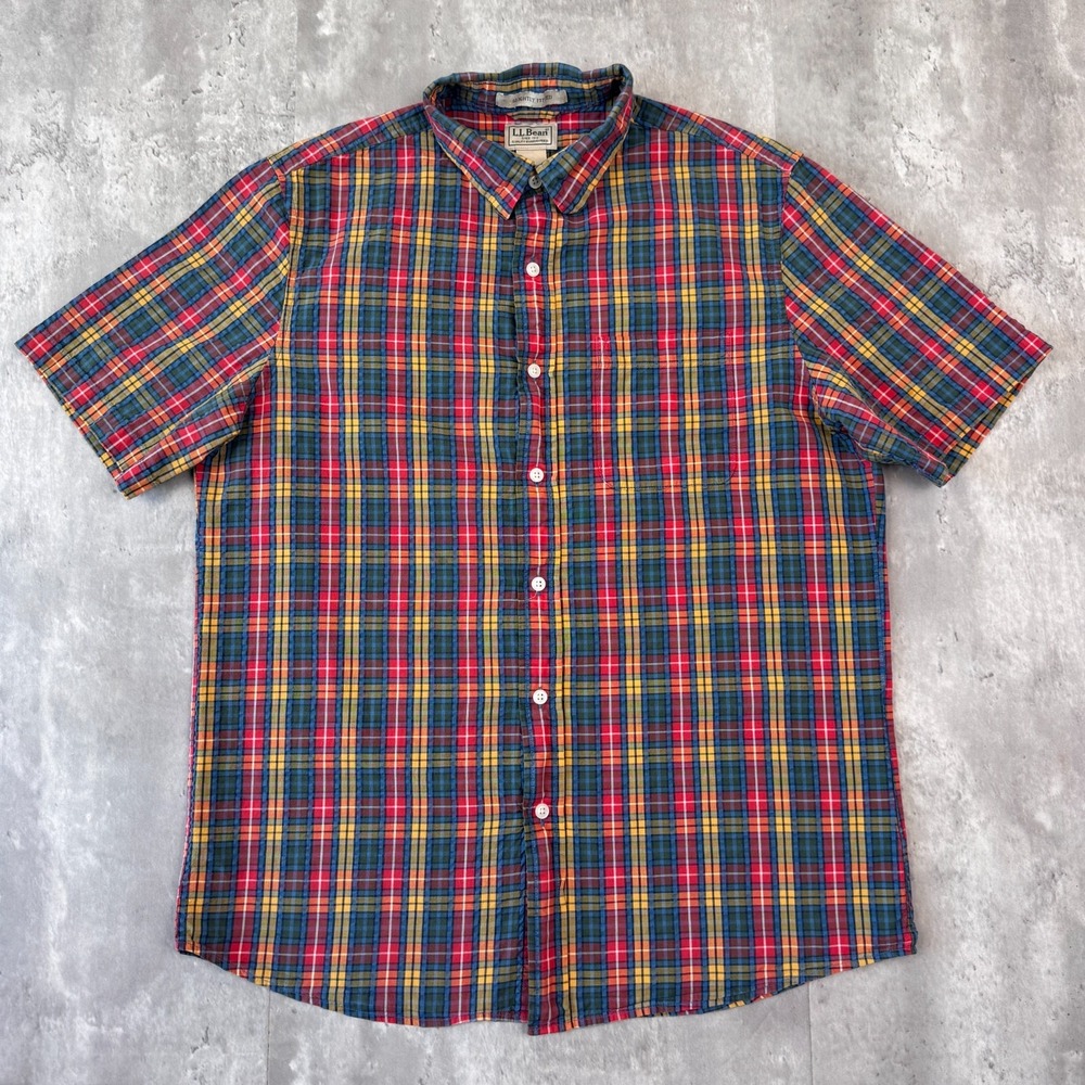 LL Bean Seersucker Shirt Mens M Multicolor Plaid Short Sleeve Granola Cotton